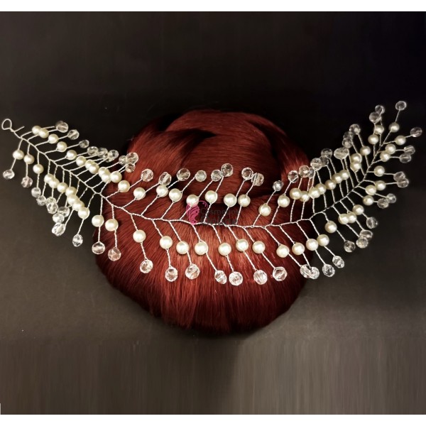 Accesoriu modern pentru decor par WED29 Argintiu cu cristale si perle de 35cm